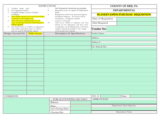 DEPARTMENTAL BLANKET (OPEN) PURCHASE REQUISITION screenshot