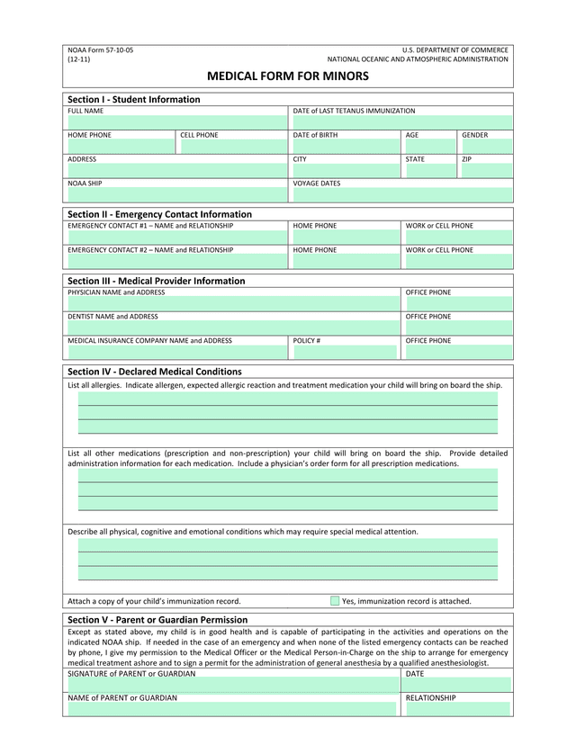 NOAA Form 57 10 05 Medical Form For Minors screenshot