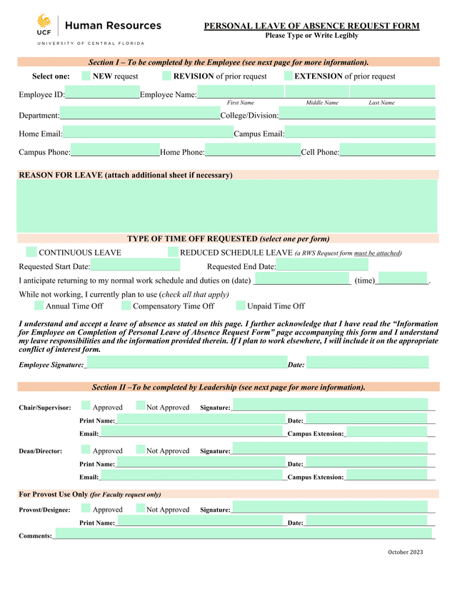 Personal Leave Of Absence Request Form screenshot