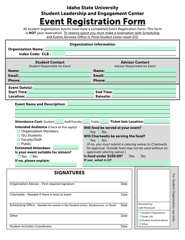 Idaho State University Event Registration Form screenshot