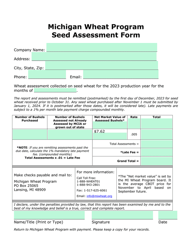 Michigan Wheat Program Seed Assessment Form screenshot
