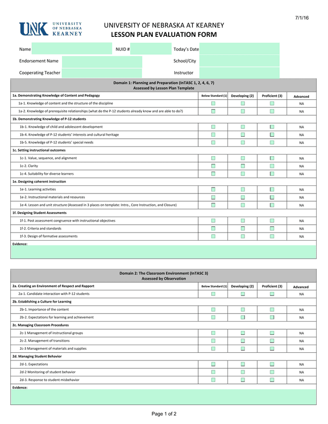 LESSON PLAN EVALUATION FORM screenshot