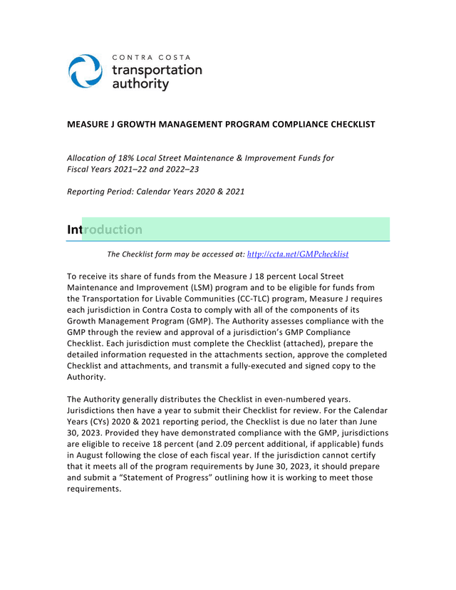 Measure J Growth Management Program Compliance Checklist screenshot