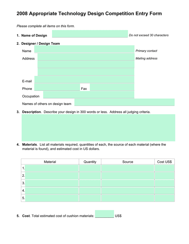 2008 Appropriate Technology Design Competition Entry Form screenshot