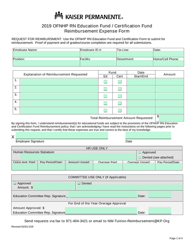 2019 OFNHP RN Education Fund  Certification Fund Reimbursement Expense Form screenshot