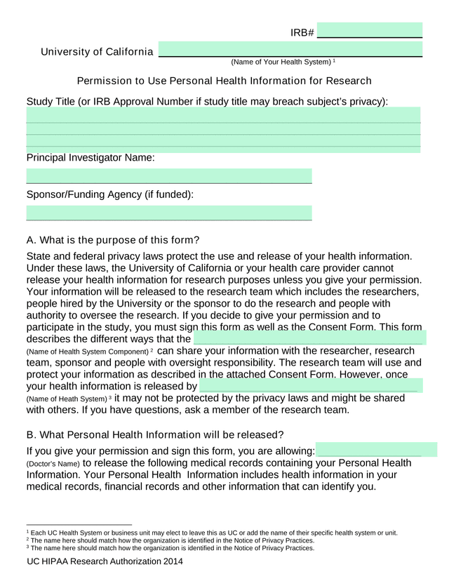 UC HIPAA Research Authorization 2014 screenshot