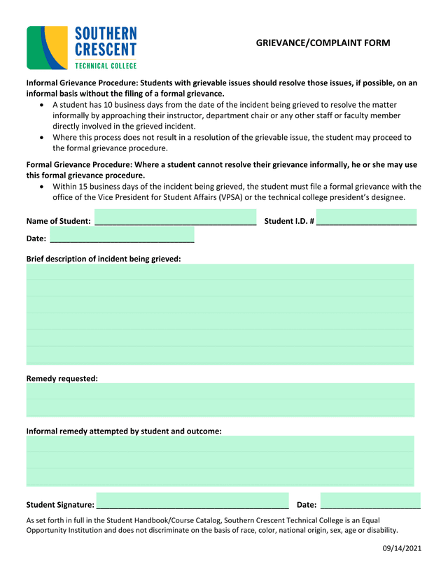 GRIEVANCECOMPLAINT FORM screenshot