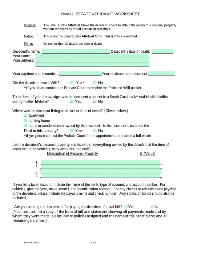 Small Estate Affidavit Worksheet screenshot