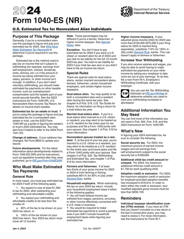 Form 1040 ES (NR) screenshot