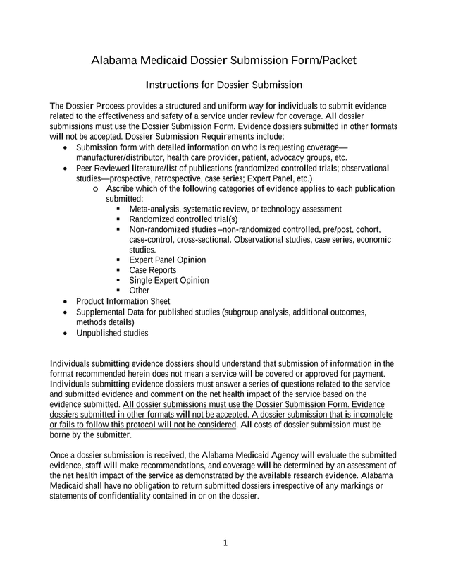 Alabama Medicaid Dossier Submission FormPacket screenshot