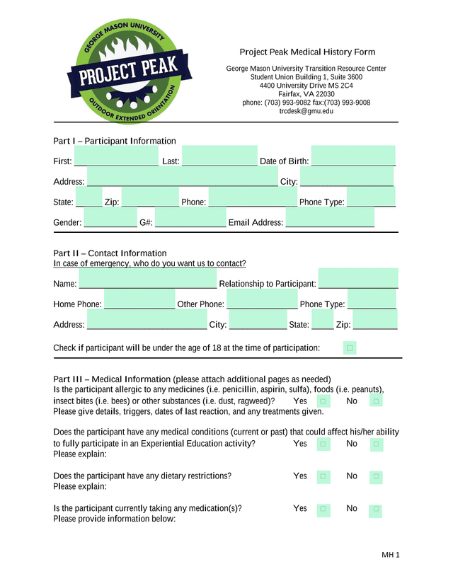 Project Peak Medical History Form screenshot