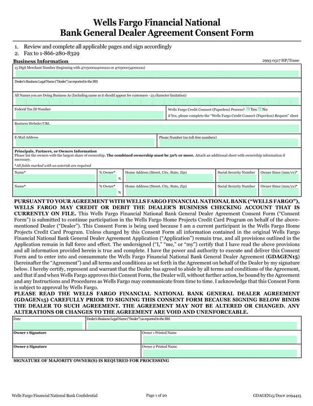 Wells Fargo Financial National Bank General Dealer Agreement Consent Form screenshot