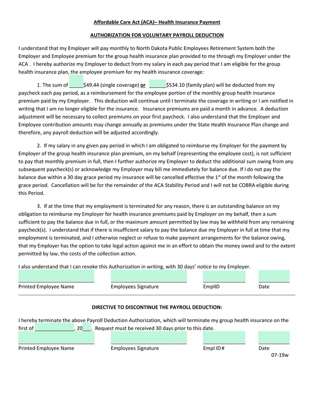 Affordable Care Act (ACA) Health Insurance Payment AUTHORIZATION FOR VOLUNTARY PAYROLL DEDUCTION screenshot