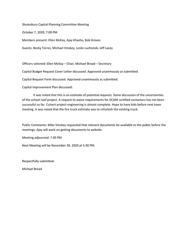 Shutesbury Capital Planning Committee Meeting Minutes screenshot