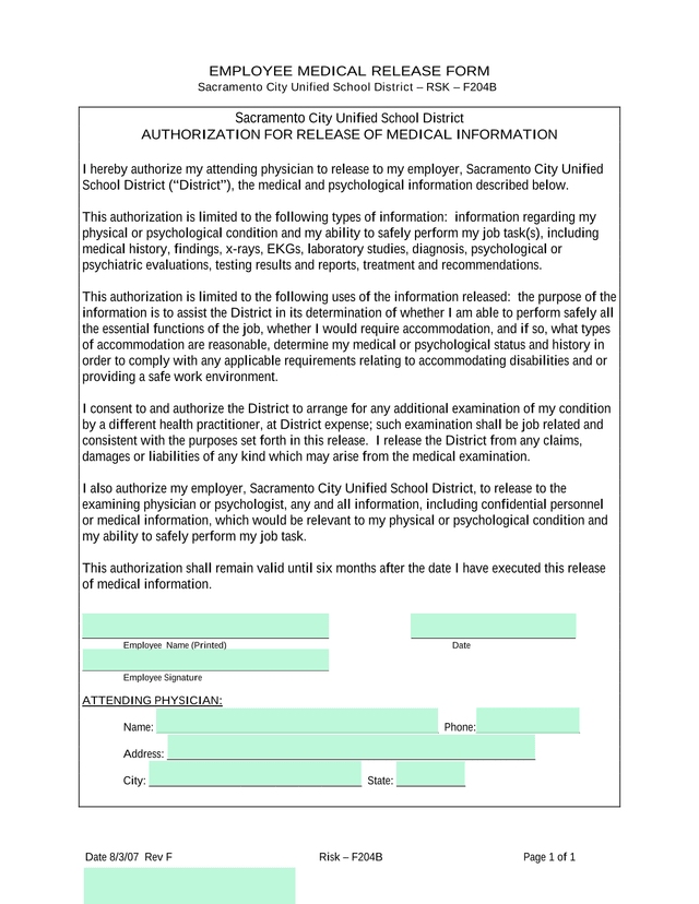 EMPLOYEE MEDICAL RELEASE FORM screenshot