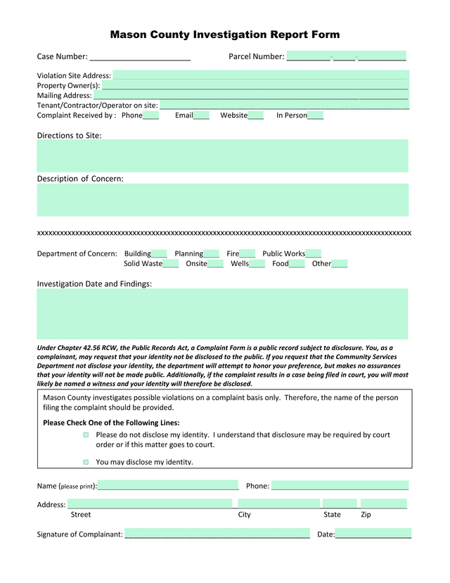 Mason County Investigation Report Form screenshot