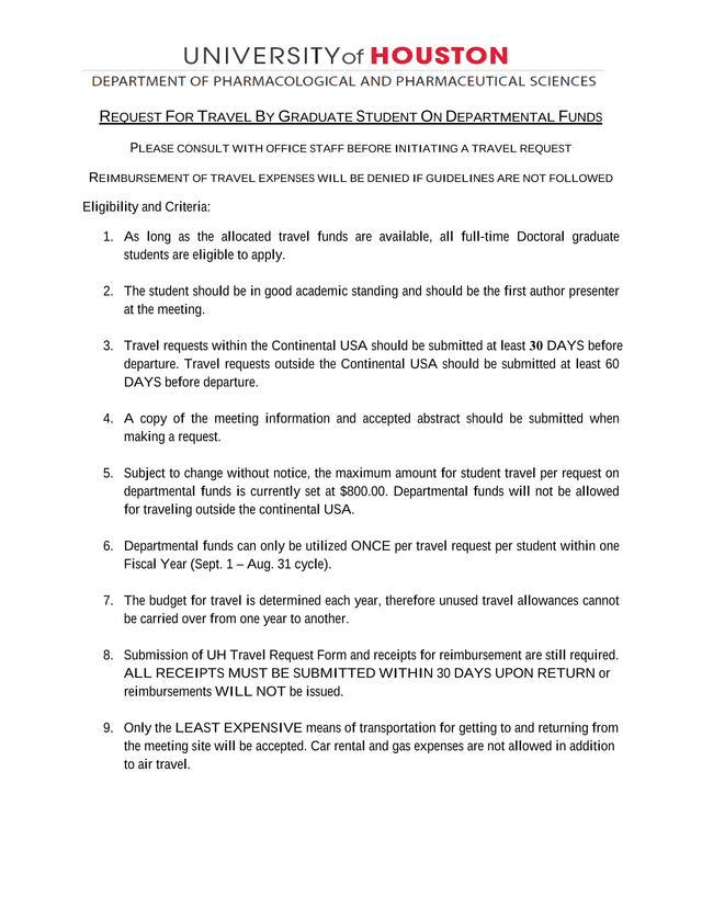 REQUEST FOR TRAVEL BY GRADUATE STUDENT ON DEPARTMENTAL FUNDS screenshot