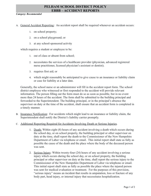 PELHAM SCHOOL DISTRICT POLICY EBBB  ACCIDENT REPORTS screenshot