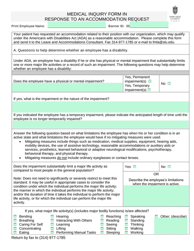 Medical Inquiry Form In Response To An Accommodation Request screenshot