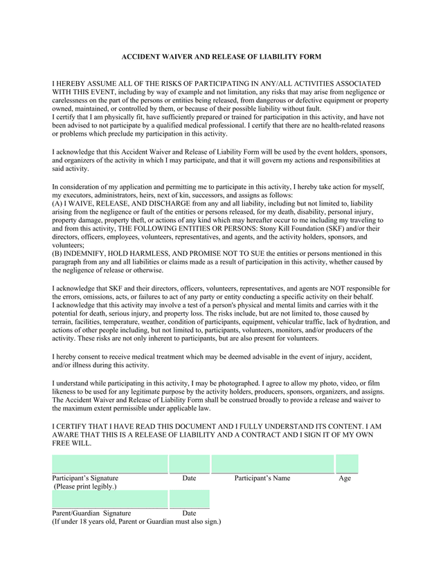 Accident Waiver And Release Of Liability Form screenshot