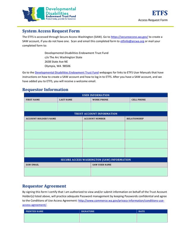 ETFS Access Request Form screenshot