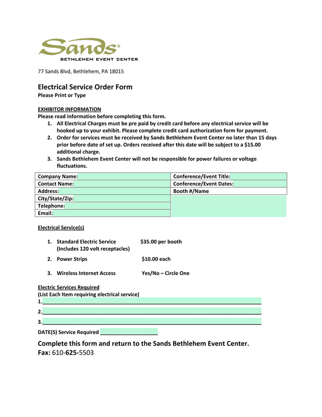 Electrical Service Order Form screenshot
