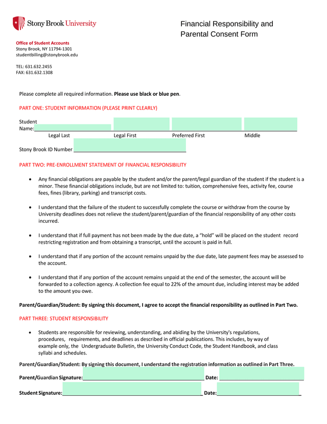Financial Responsibility And Parental Consent Form screenshot