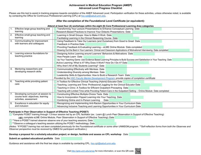Achievement In Medical Education Program (AMEP) Advanced Level Progress Checklist screenshot