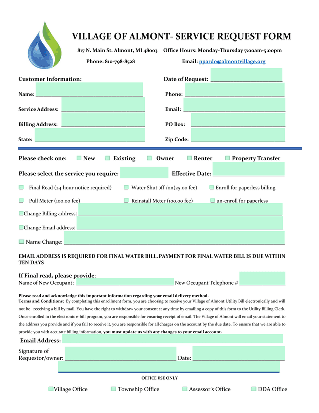 VILLAGE OF ALMONT   SERVICE REQUEST FORM screenshot