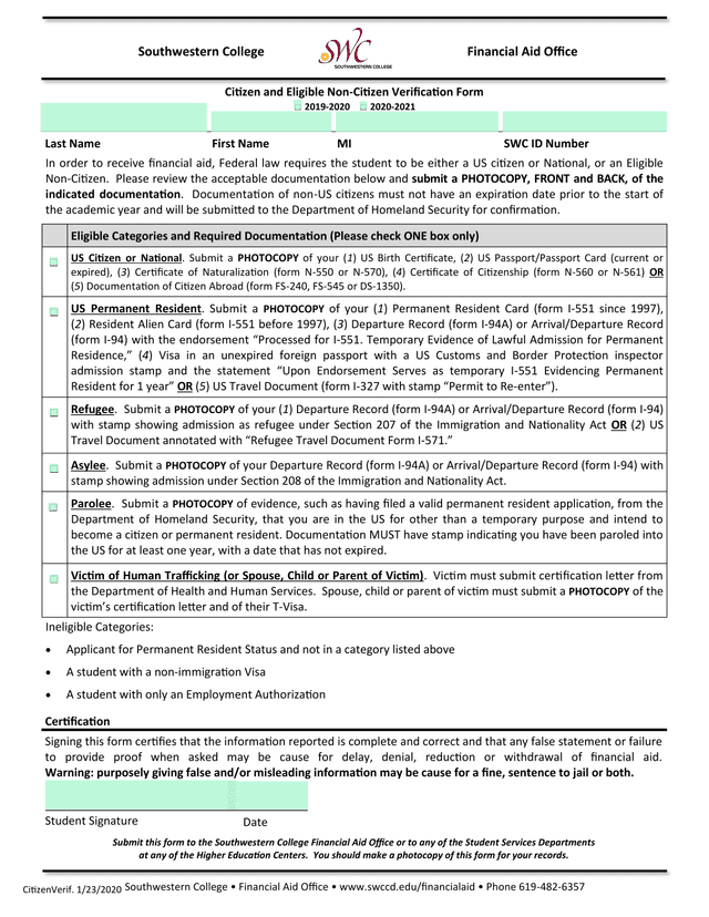 Citizen And Eligible Non Citizen Verification Form screenshot