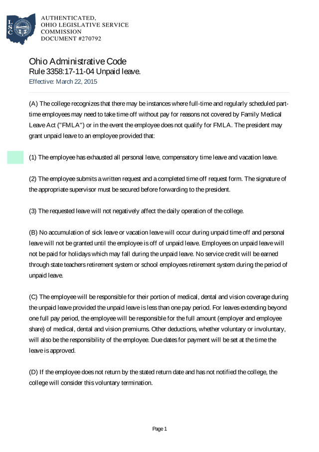 Ohio Administrative Code Rule 335817 11 04 Unpaid Leave screenshot