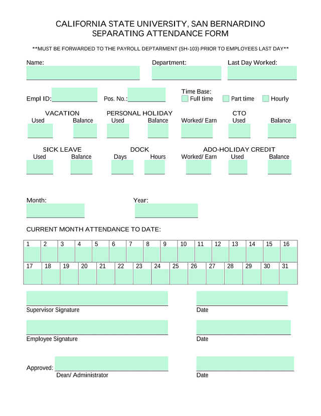 SEPARATING ATTENDANCE FORM screenshot