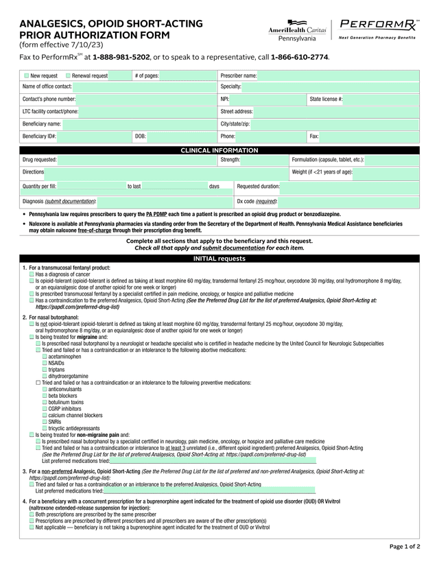 ANALGESICS, OPIOID SHORT ACTING PRIOR AUTHORIZATION FORM screenshot