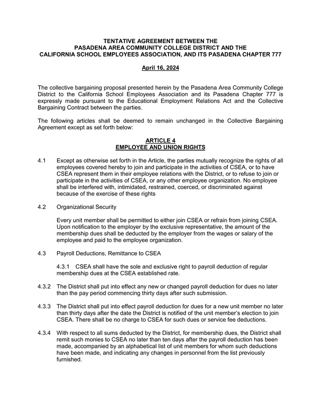 Tentative Agreement Between Pasadena Area Community College District And California School Employees screenshot