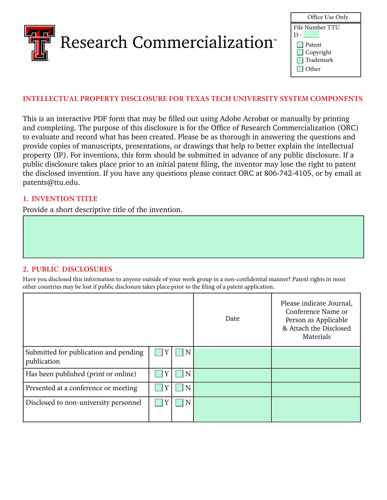 Intellectual Property Disclosure For Texas Tech University System Components screenshot