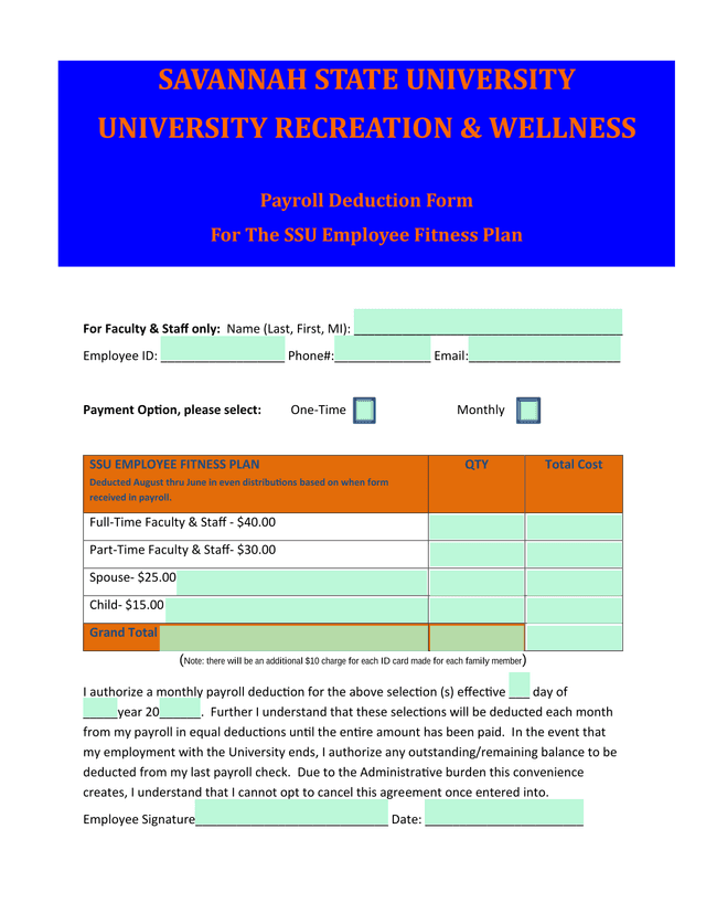 Payroll Deduction Form For The SSU Employee Fitness Plan screenshot