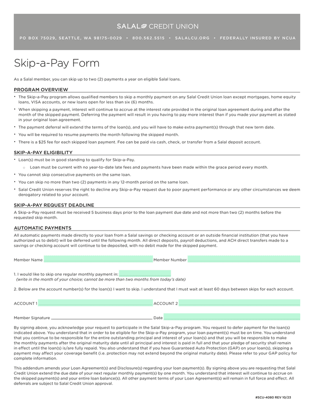 Skip A Pay Form screenshot