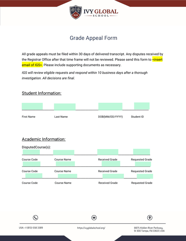 Grade Appeal Form screenshot