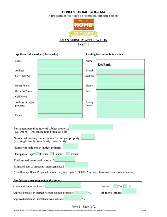 Heritage Home Program Loan Subsidy Application screenshot