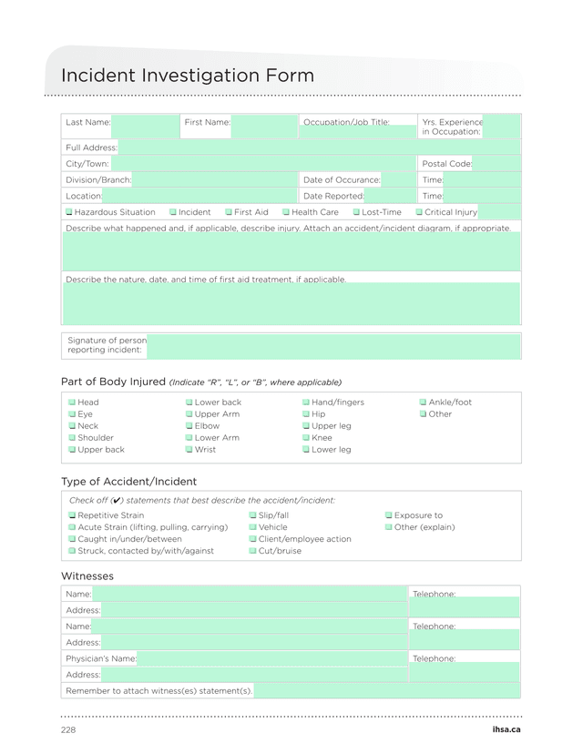 Incident Investigation Form screenshot