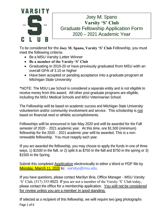 Joey M. Spano Varsity S Club Graduate Fellowship Application Form screenshot