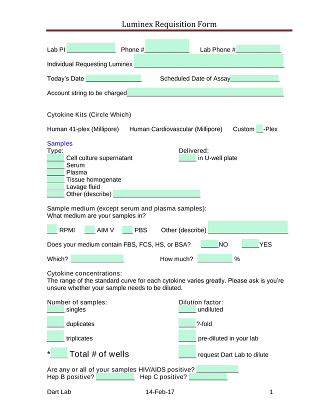 Luminex Requisition Form screenshot