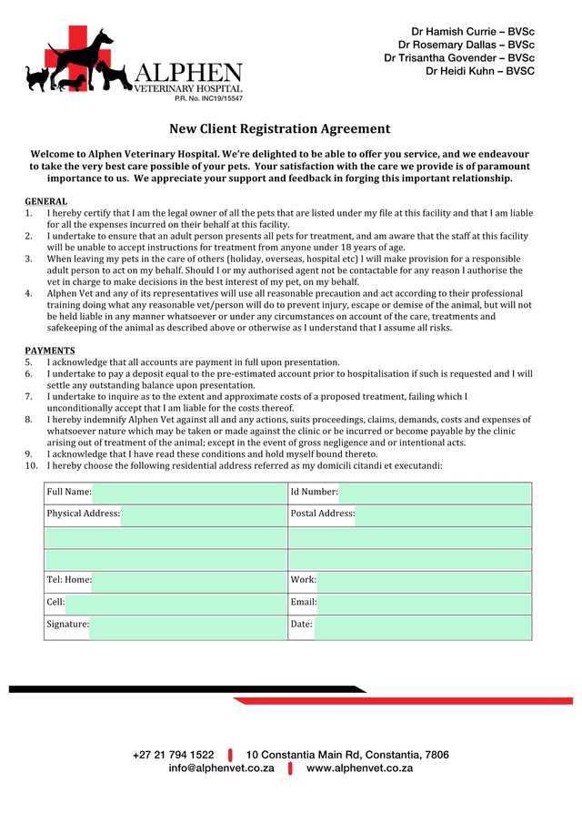 New Client Registration Agreement screenshot