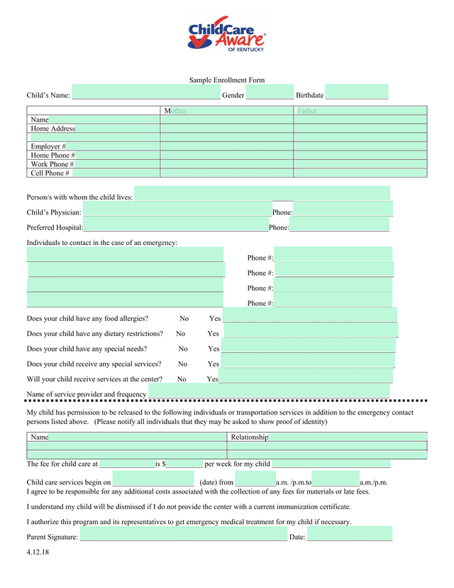 Sample Enrollment Form screenshot
