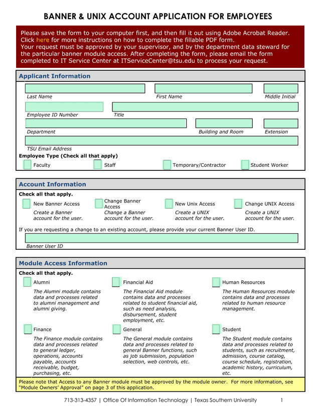 BANNER  UNIX ACCOUNT APPLICATION FOR EMPLOYEES screenshot