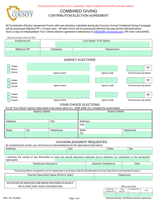 Combined Giving, Contribution Election Agreement screenshot