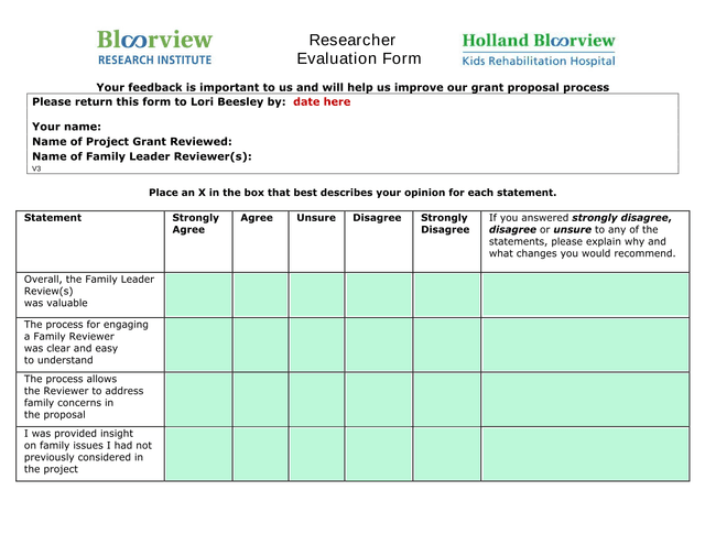 Researcher Evaluation Form screenshot