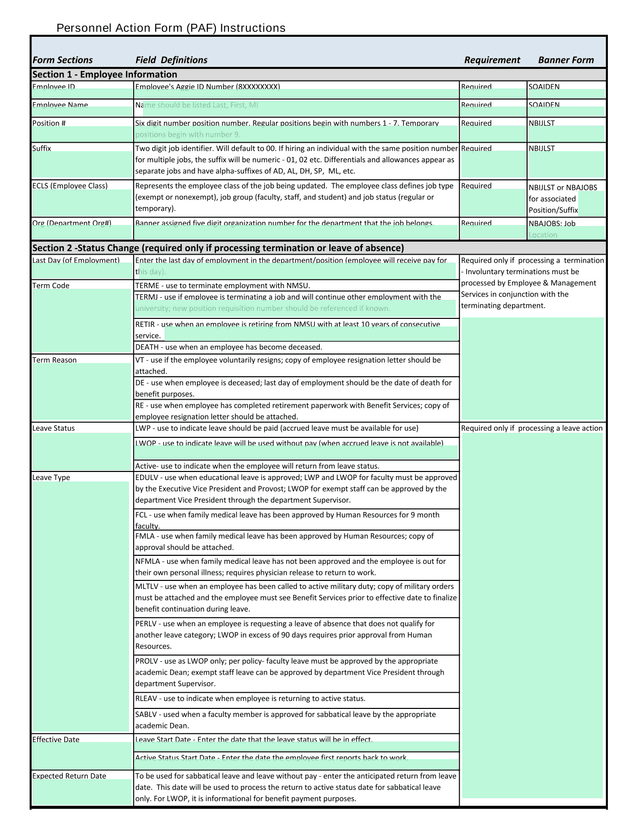 Personnel Action Form (PAF) Instructions screenshot