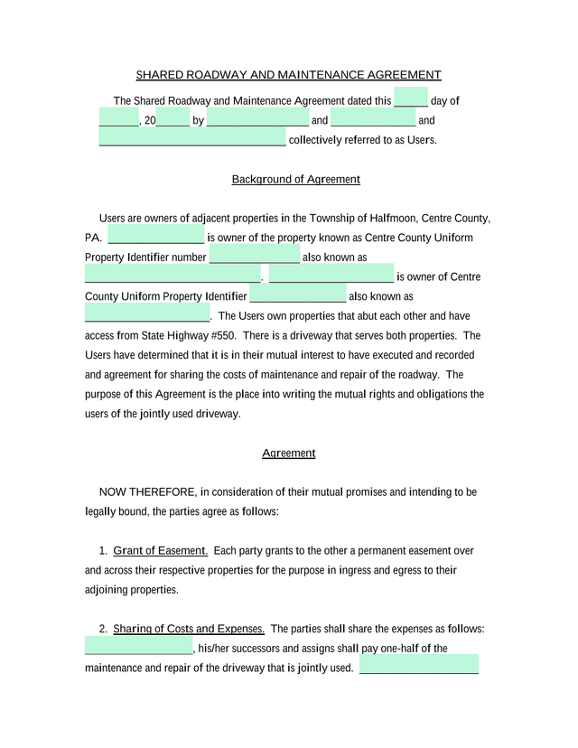 Shared Roadway And Maintenance Agreement screenshot