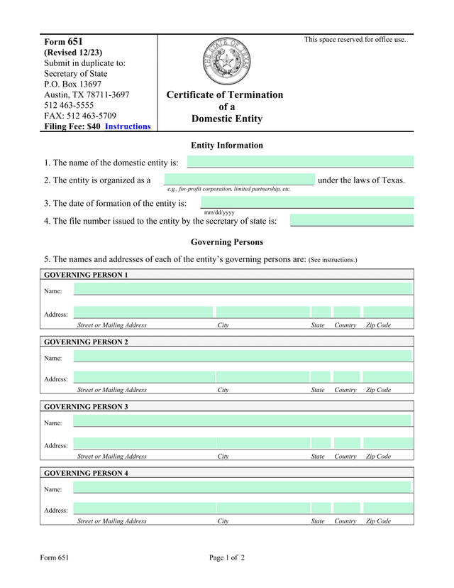 Form 651 Certificate Of Termination Of A Domestic Entity screenshot